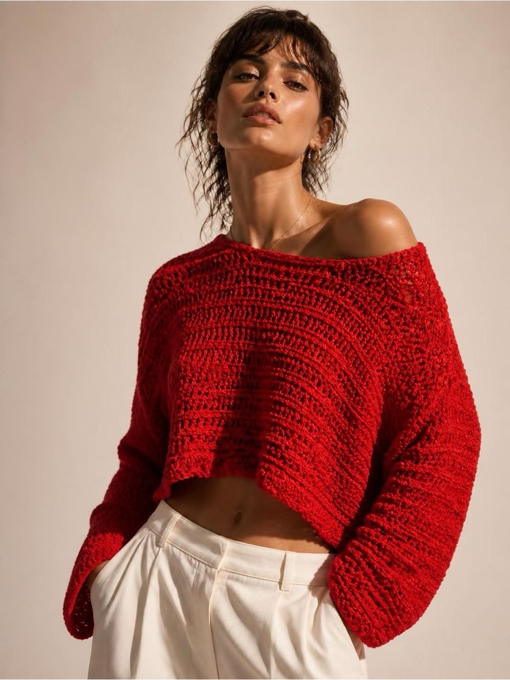 BLACK TAPE Red Cropped Knit Sweater Size M | Chic High Fashion Editorial Look